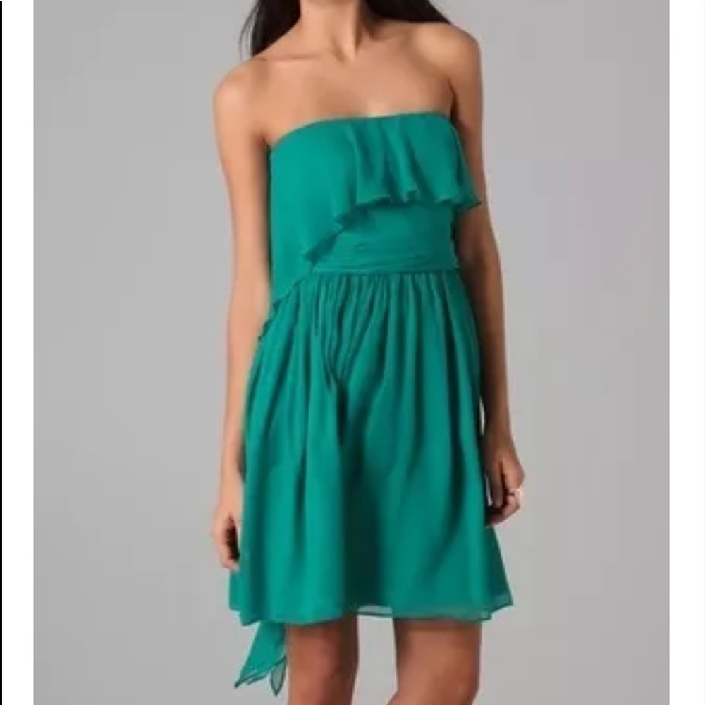 New Halston Strapless flare silk Teal green